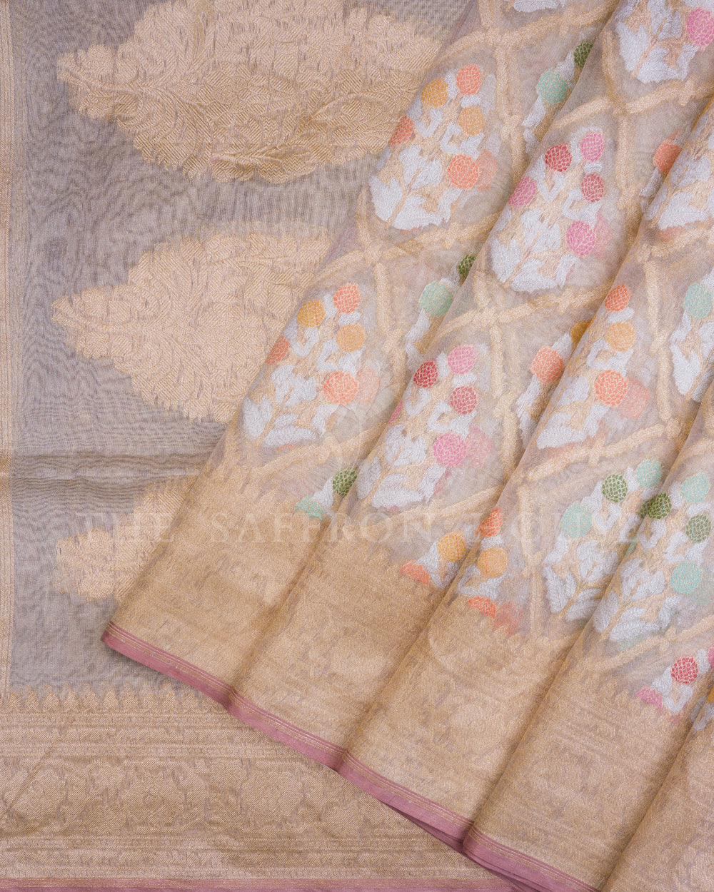 Pastels And Antique Gold Kora Banarasi Silk Saree – The Saffron House