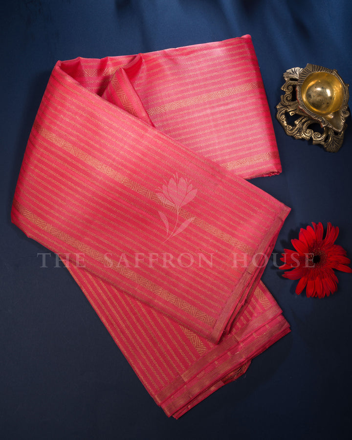 Coral And Pink Kattam Kanjivaram Silk Saree – The Saffron House