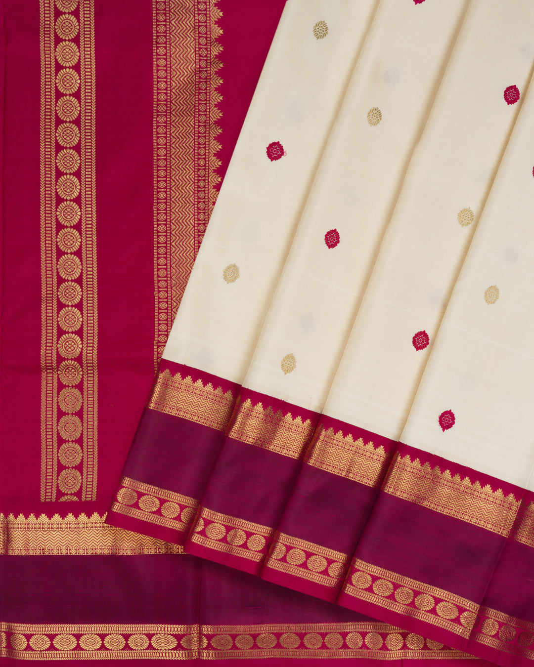 Ivory Cream And Burgundy Maroon Kanjivaram Silk Saree – The Saffron House