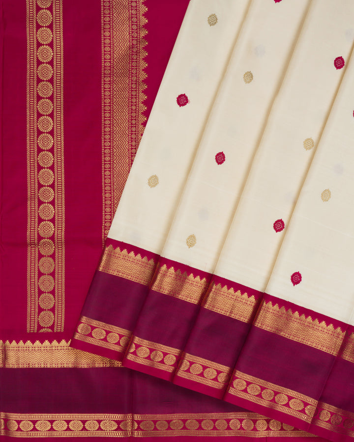 Ivory Cream And Burgundy Maroon Kanjivaram Silk Saree – The Saffron House