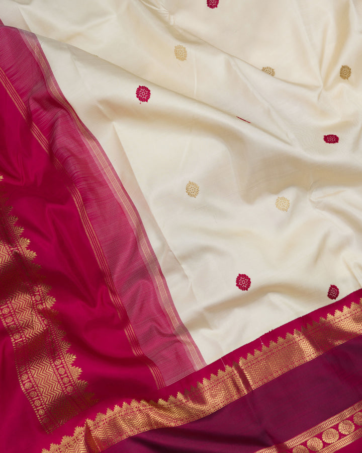 Ivory Cream And Burgundy Maroon Kanjivaram Silk Saree – The Saffron House