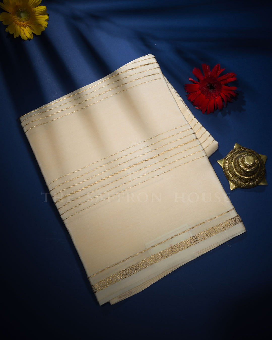 Ivory Cream Pure Zari Mysore Silk Saree – The Saffron House