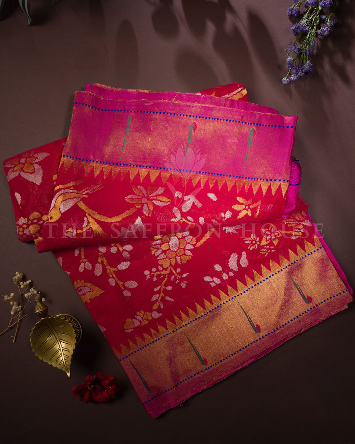 Crimson Red And Multicolour Handwoven Paithani Saree – The Saffron House