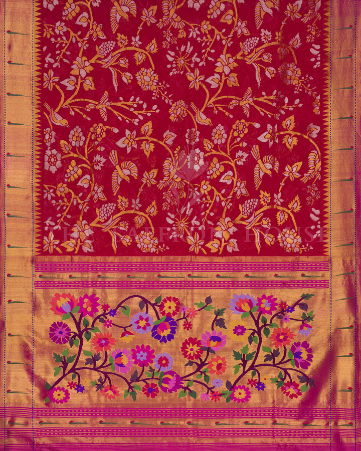 Crimson Red And Multicolour Handwoven Paithani Saree – The Saffron House