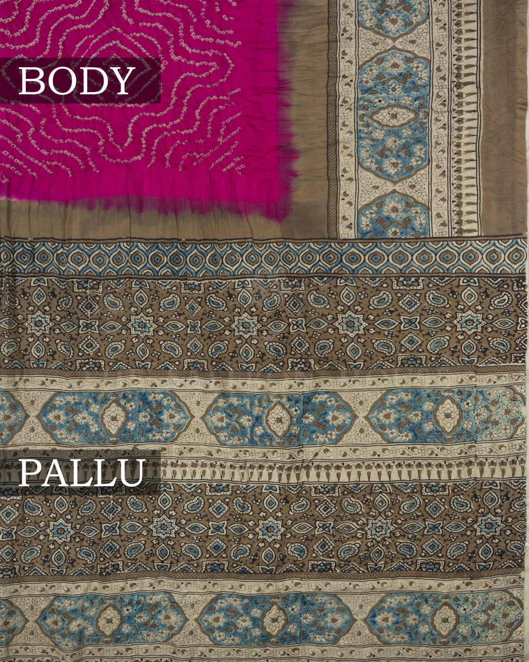Magenta And Sand Beige Bandhini Modal Silk Saree – The Saffron House