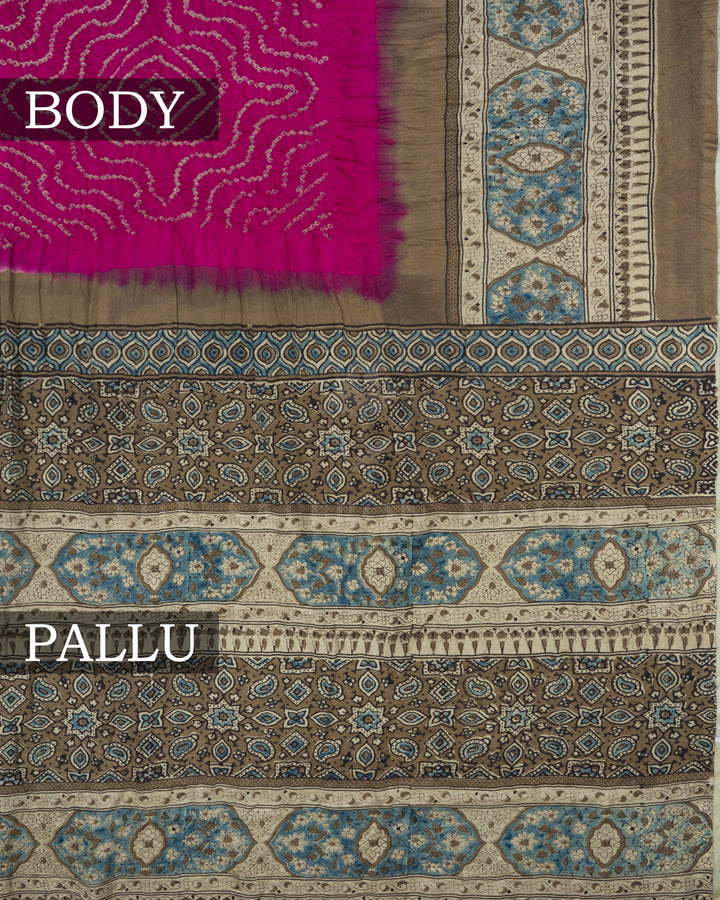 Magenta And Sand Beige Bandhini Modal Silk Saree – The Saffron House