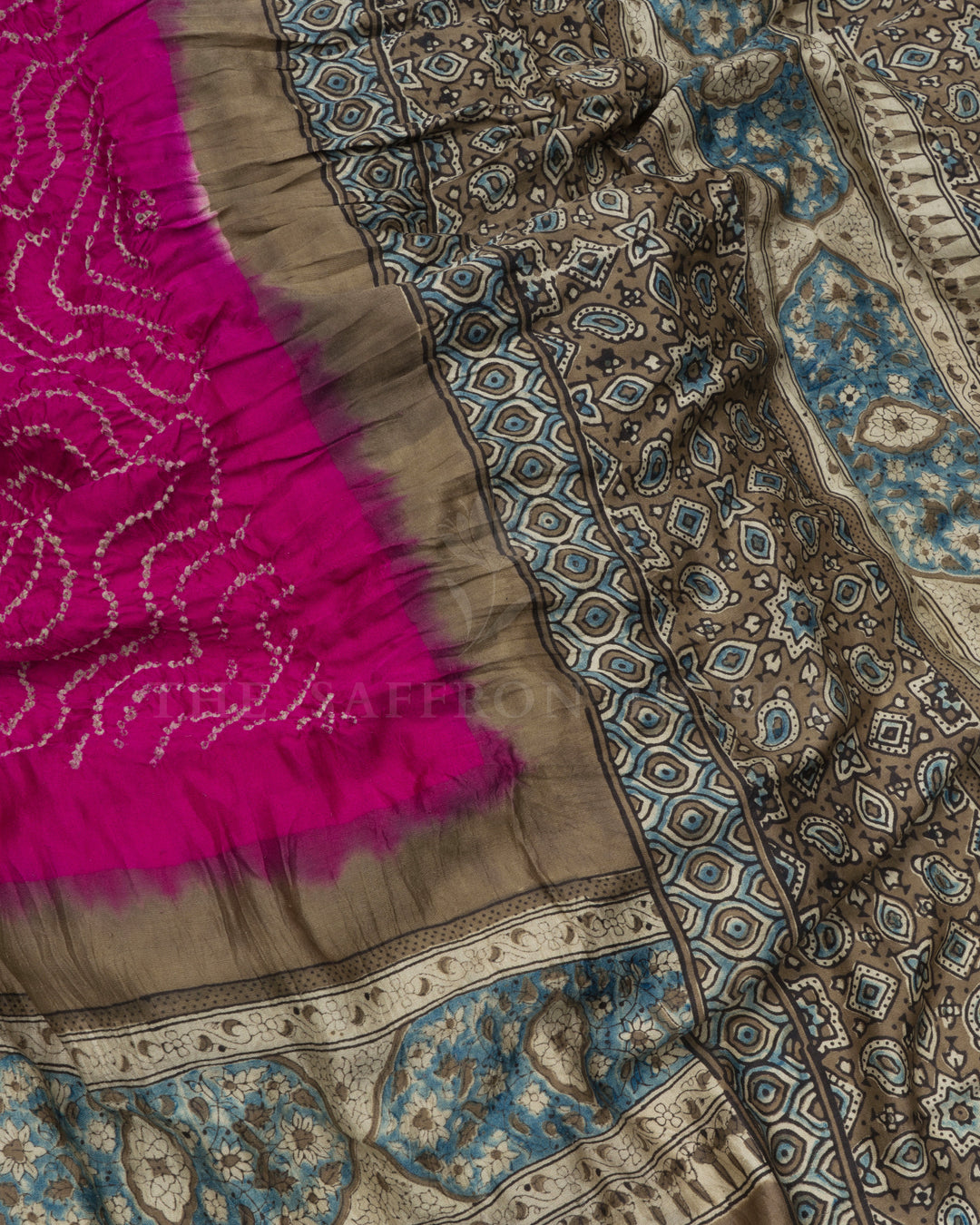 Magenta And Sand Beige Bandhini Modal Silk Saree – The Saffron House