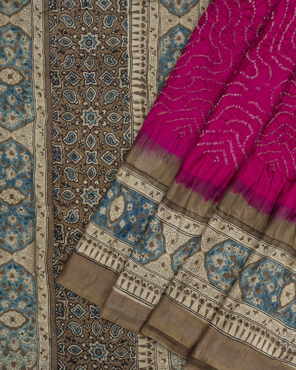 Magenta And Sand Beige Bandhini Modal Silk Saree – The Saffron House