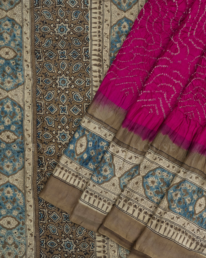Magenta And Sand Beige Bandhini Modal Silk Saree – The Saffron House