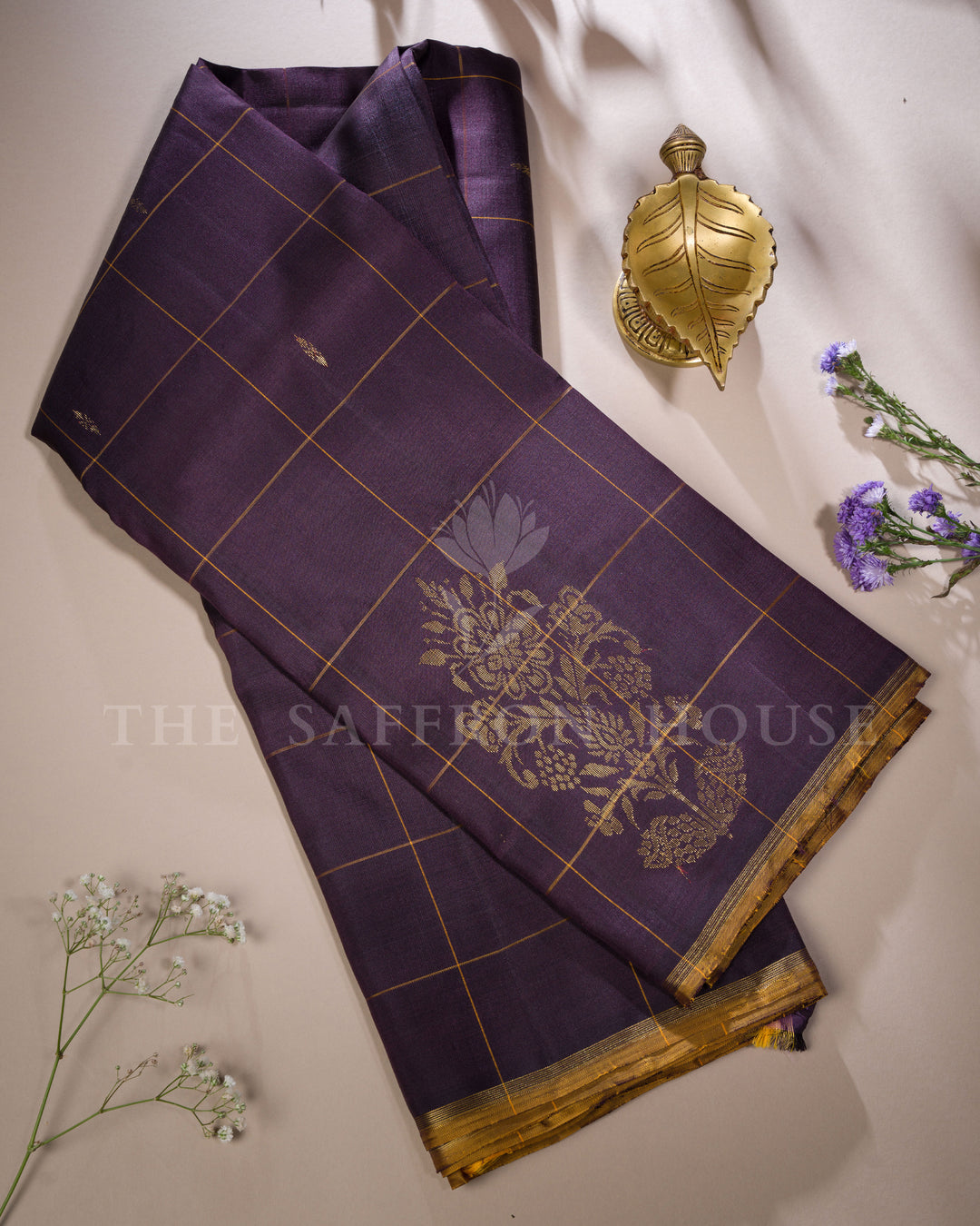 Aubergine Kattam Kanjivaram Silk Saree – The Saffron House