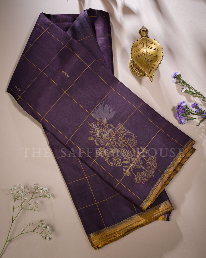 Aubergine Kattam Kanjivaram Silk Saree – The Saffron House