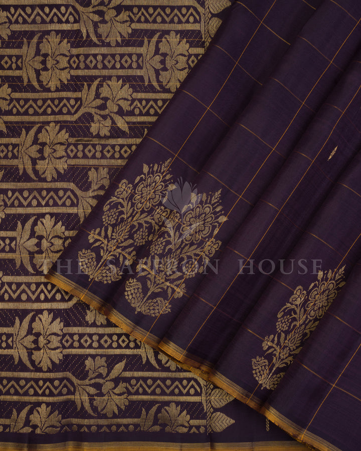 Aubergine Kattam Kanjivaram Silk Saree – The Saffron House