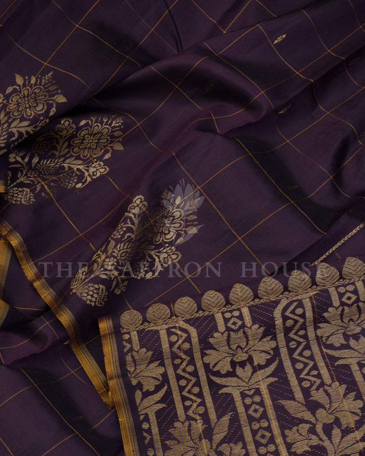 Aubergine Kattam Kanjivaram Silk Saree – The Saffron House