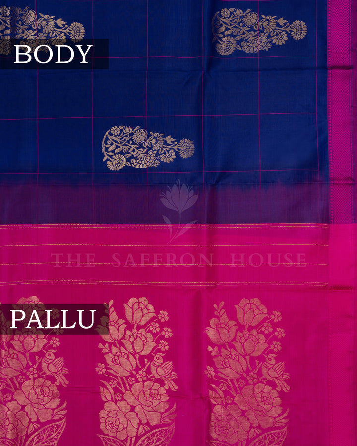 Blue And Rani Pink Kattam Kanjivaram Silk Saree – The Saffron House
