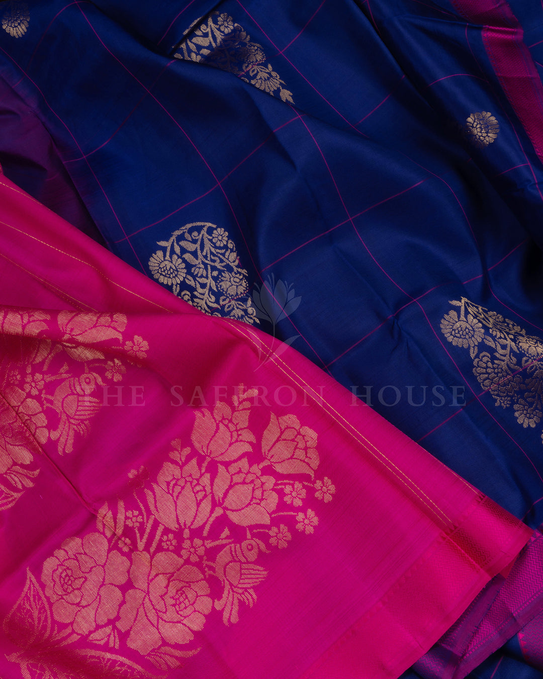 Blue And Rani Pink Kattam Kanjivaram Silk Saree – The Saffron House