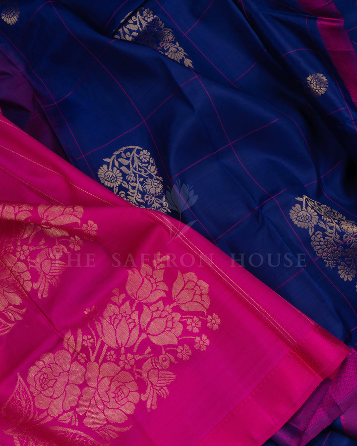 Blue And Rani Pink Kattam Kanjivaram Silk Saree – The Saffron House