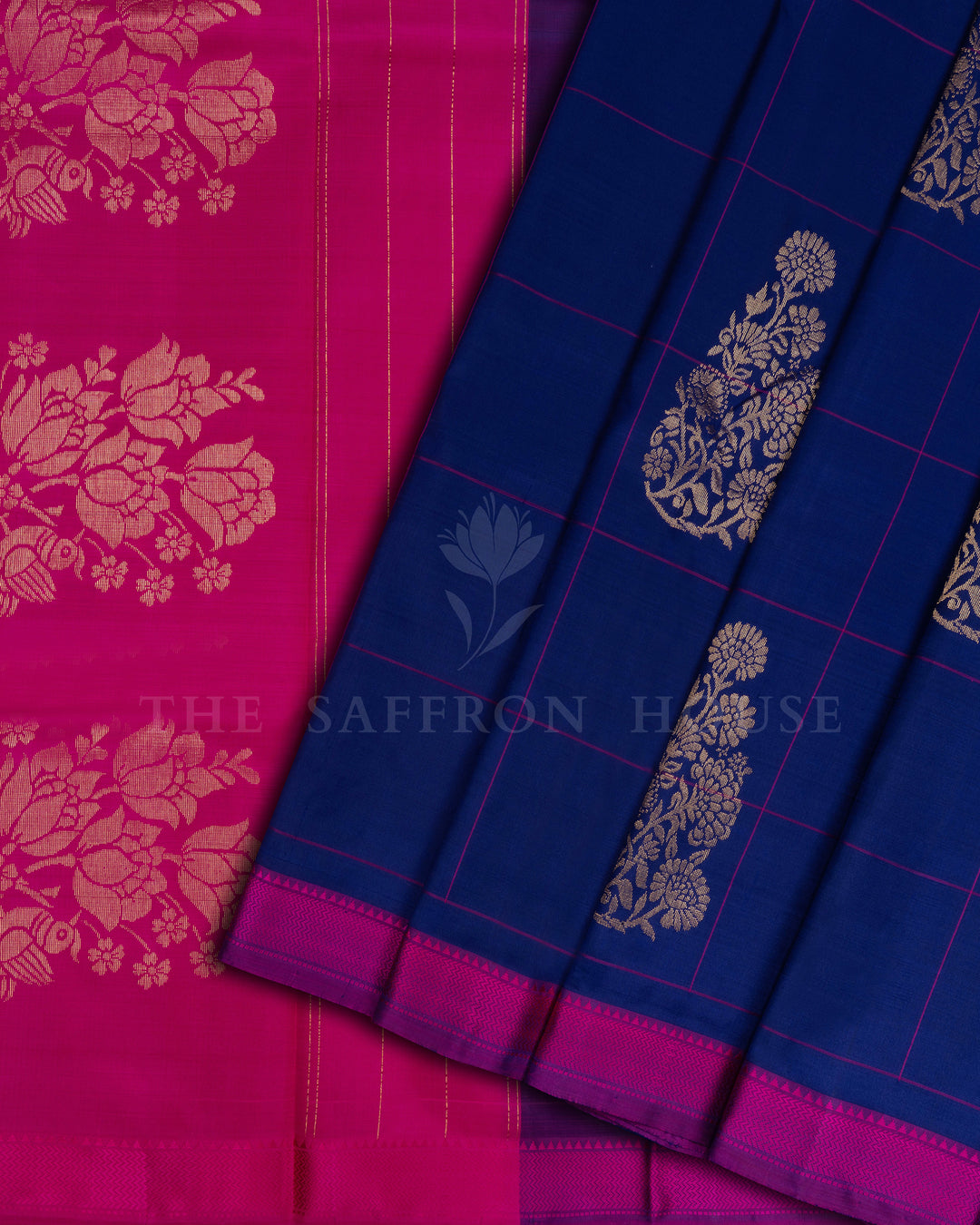 Blue And Rani Pink Kattam Kanjivaram Silk Saree – The Saffron House