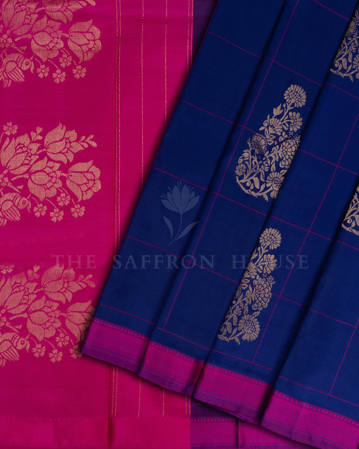 Blue And Rani Pink Kattam Kanjivaram Silk Saree – The Saffron House