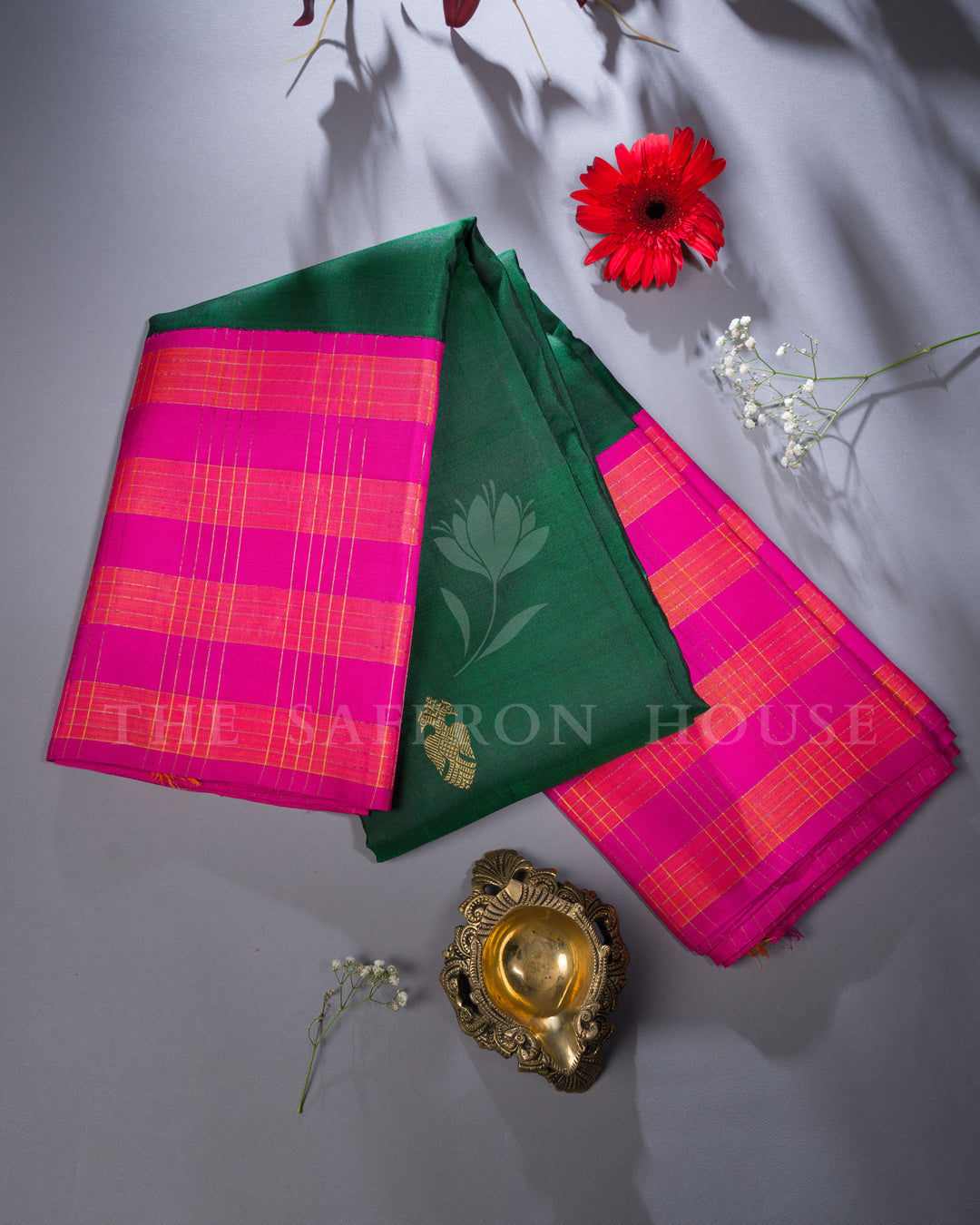 Bottle Green And Pink Kanjivaram Silk Saree – The Saffron House