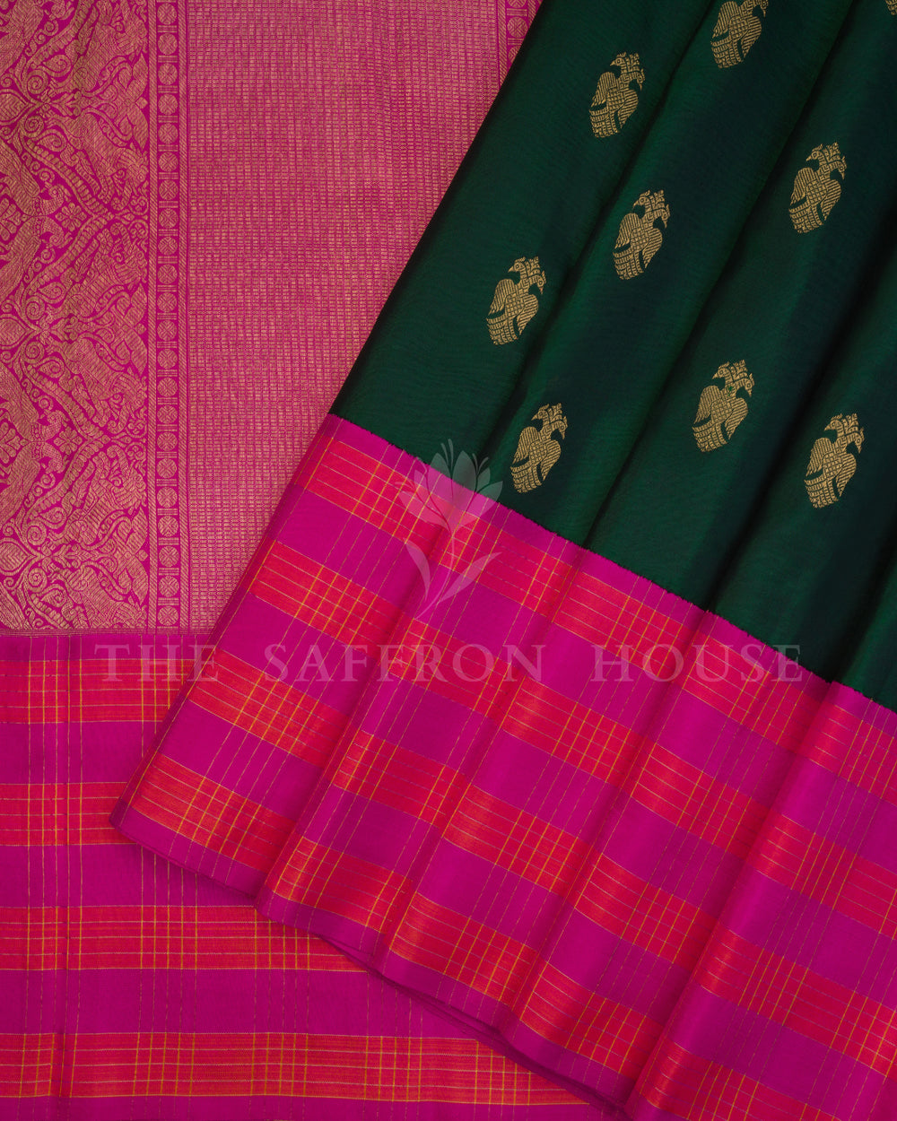 Bottle Green And Pink Kanjivaram Silk Saree – The Saffron House