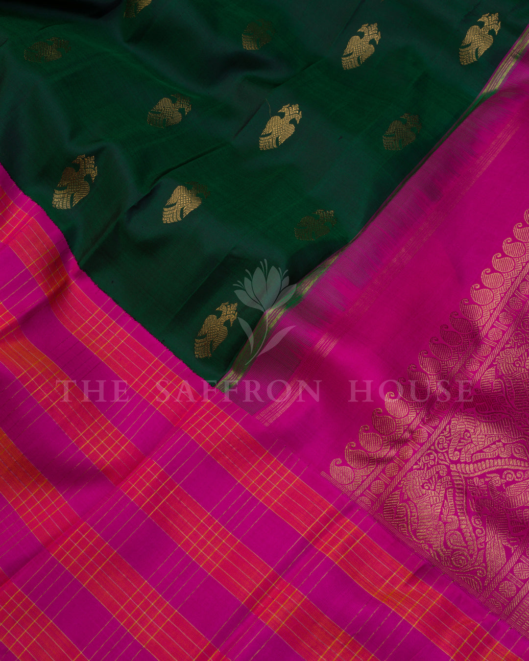 Bottle Green And Pink Kanjivaram Silk Saree – The Saffron House