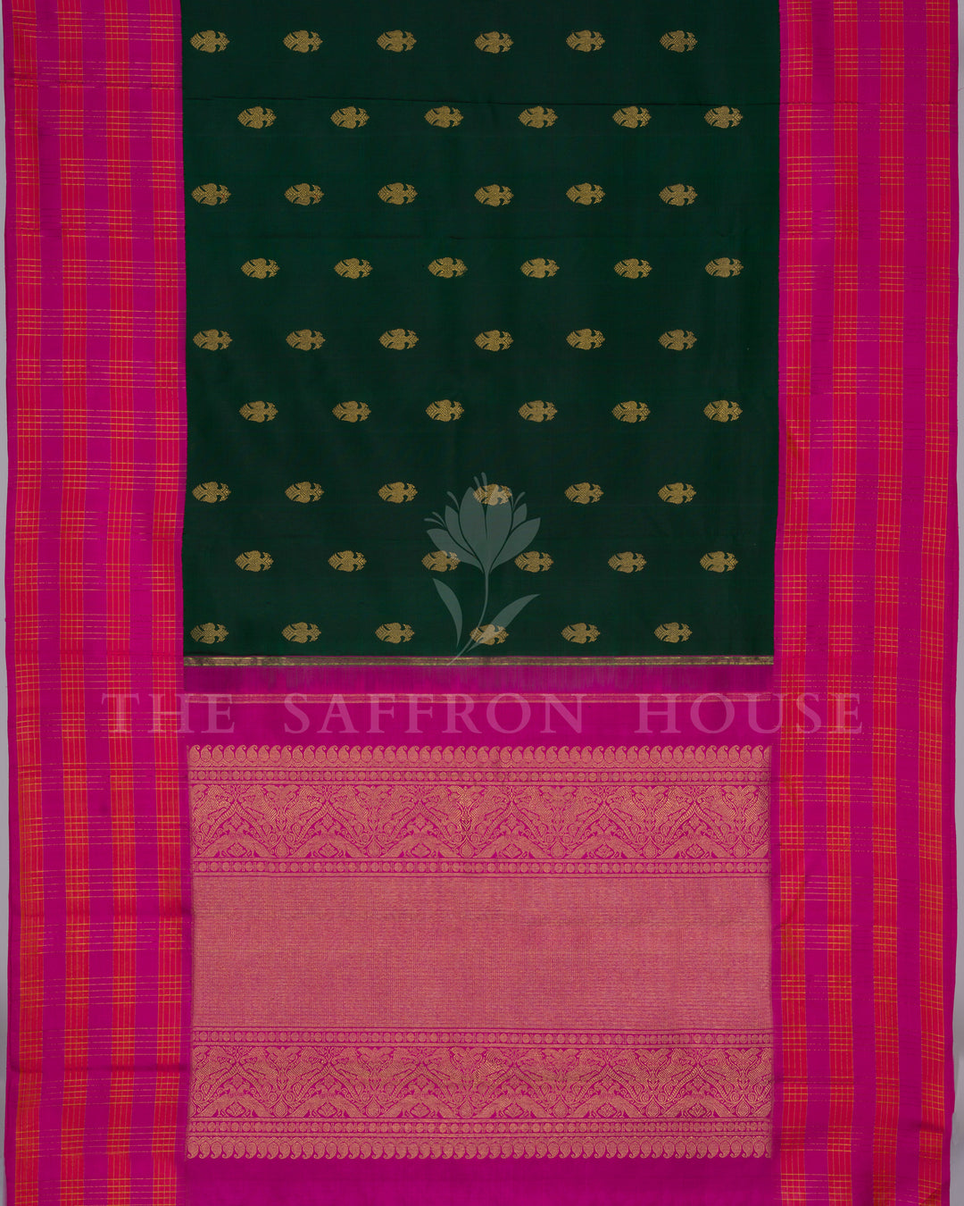 Bottle Green And Pink Kanjivaram Silk Saree – The Saffron House