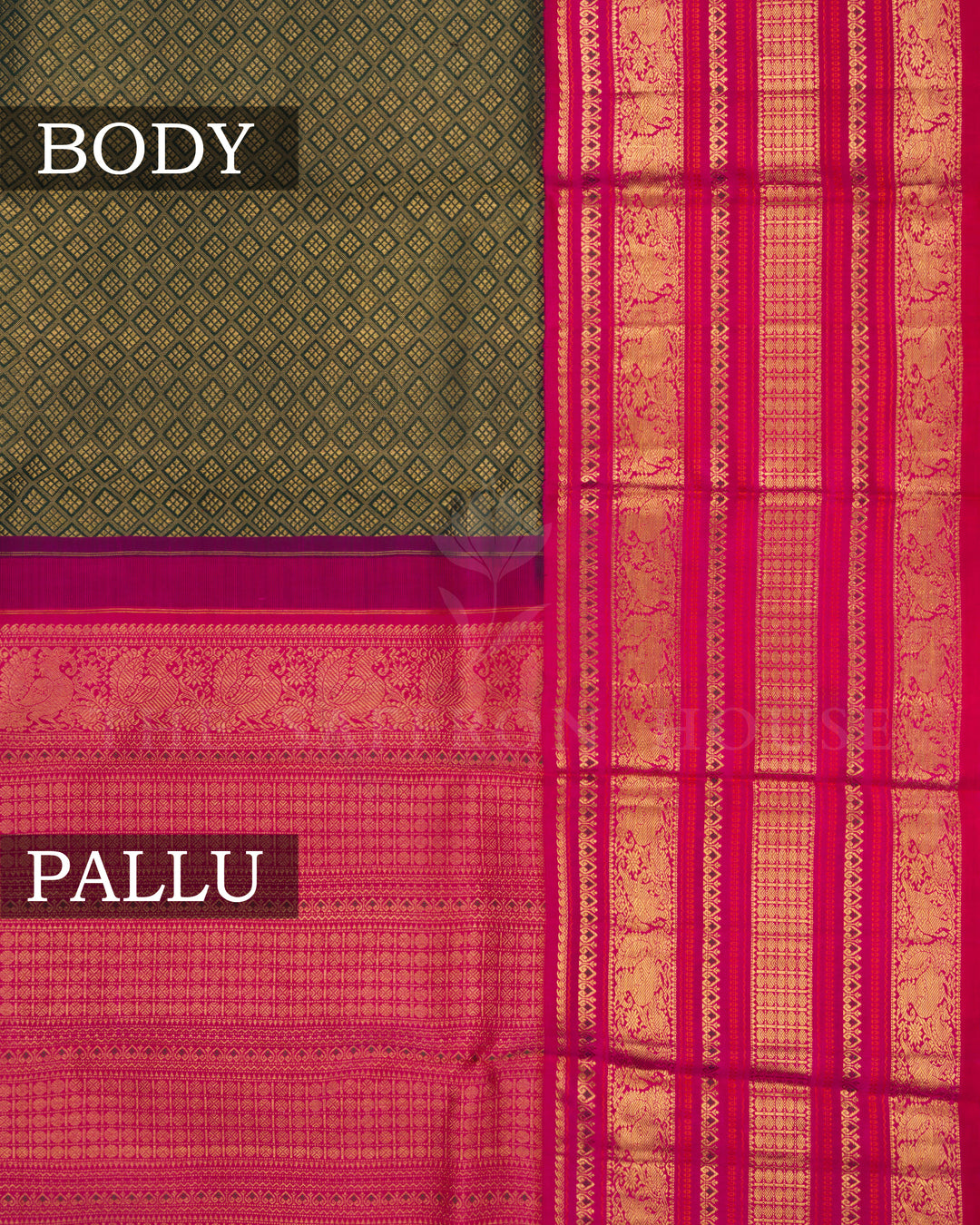 Bottle Green And Rani Pink Kattam Kanjivaram Silk Saree – The Saffron House