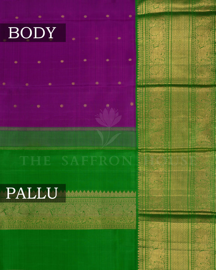 Magenta And Leaf Green Korvai Kanjivaram Silk Saree – The Saffron House