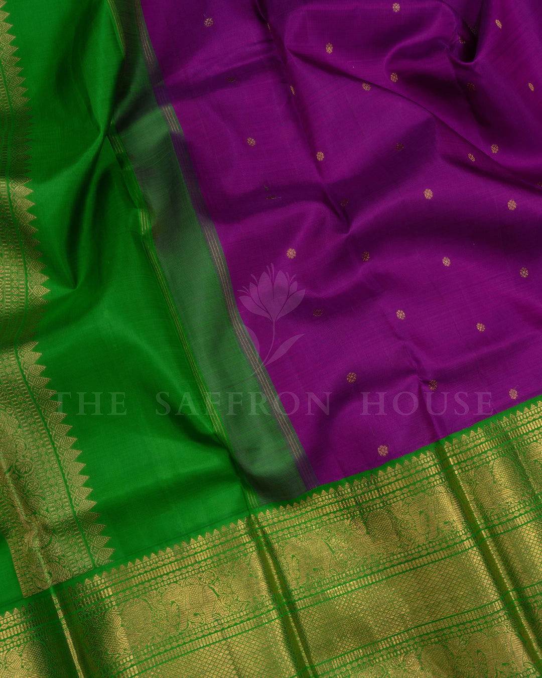 Magenta And Leaf Green Korvai Kanjivaram Silk Saree – The Saffron House