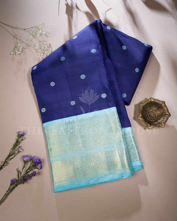 Midnight Blue And Sky Blue Kanjivaram Silk Saree – The Saffron House