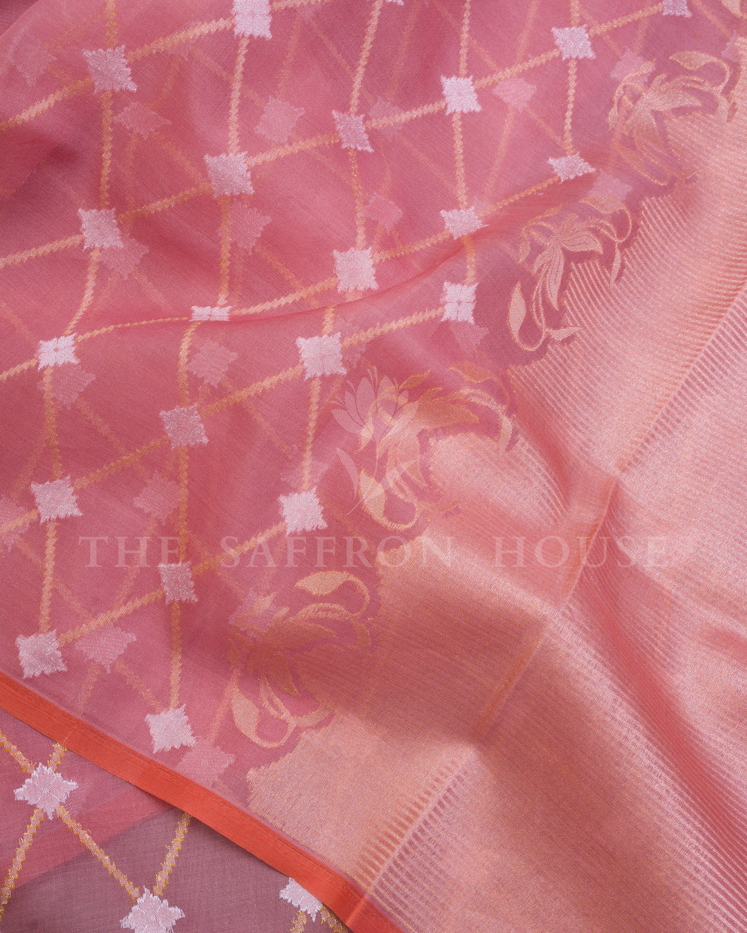 Rose And Antique Gold Kora Banarasi Silk Saree – The Saffron House