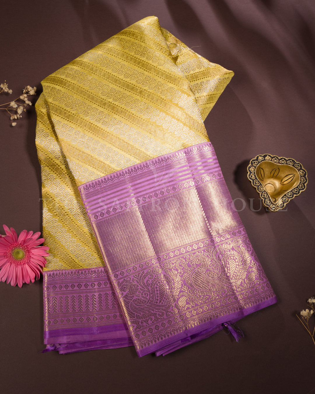 Antique Gold And Lavender Kanjivaram Silk Saree – The Saffron House