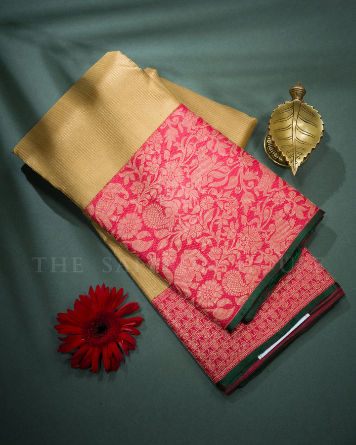 Golden Beige And Deep Red Kanjivaram Silk Saree – The Saffron House