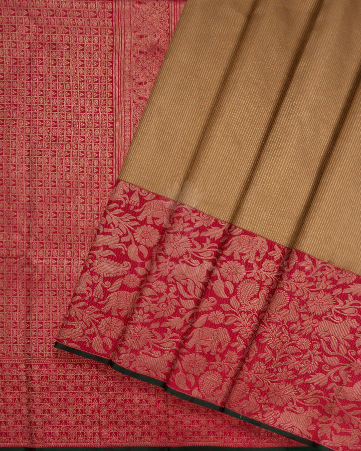 Golden Beige And Deep Red Kanjivaram Silk Saree – The Saffron House