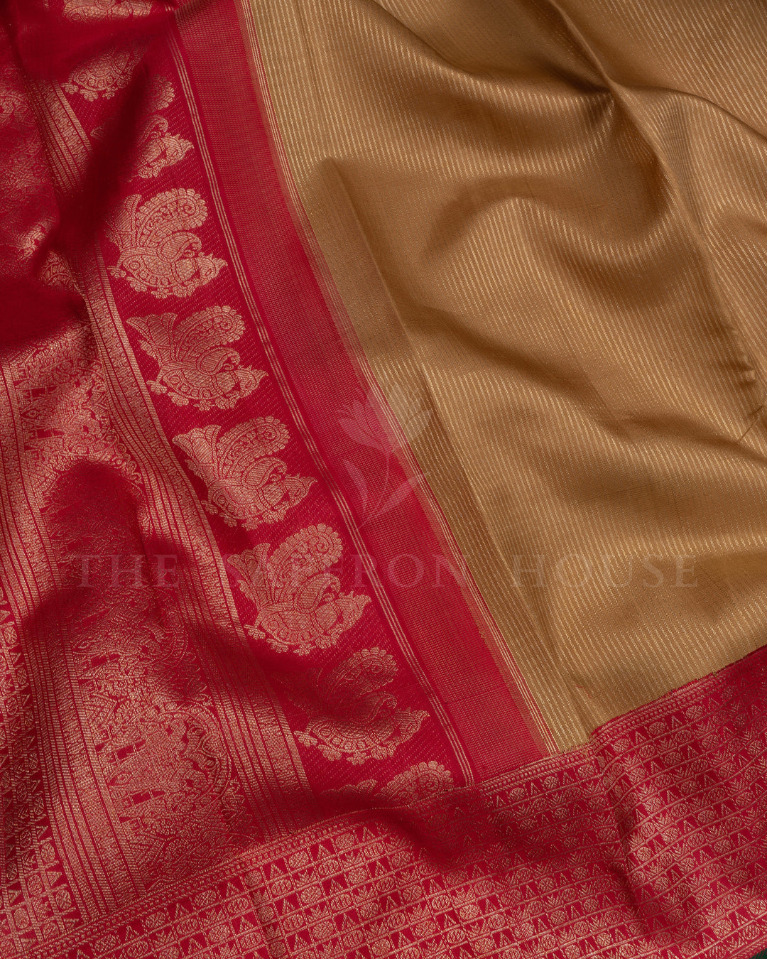 Golden Beige And Deep Red Kanjivaram Silk Saree – The Saffron House