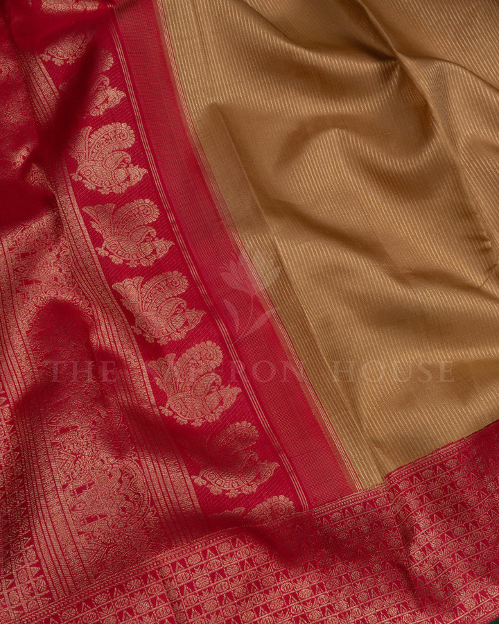 Golden Beige And Deep Red Kanjivaram Silk Saree – The Saffron House