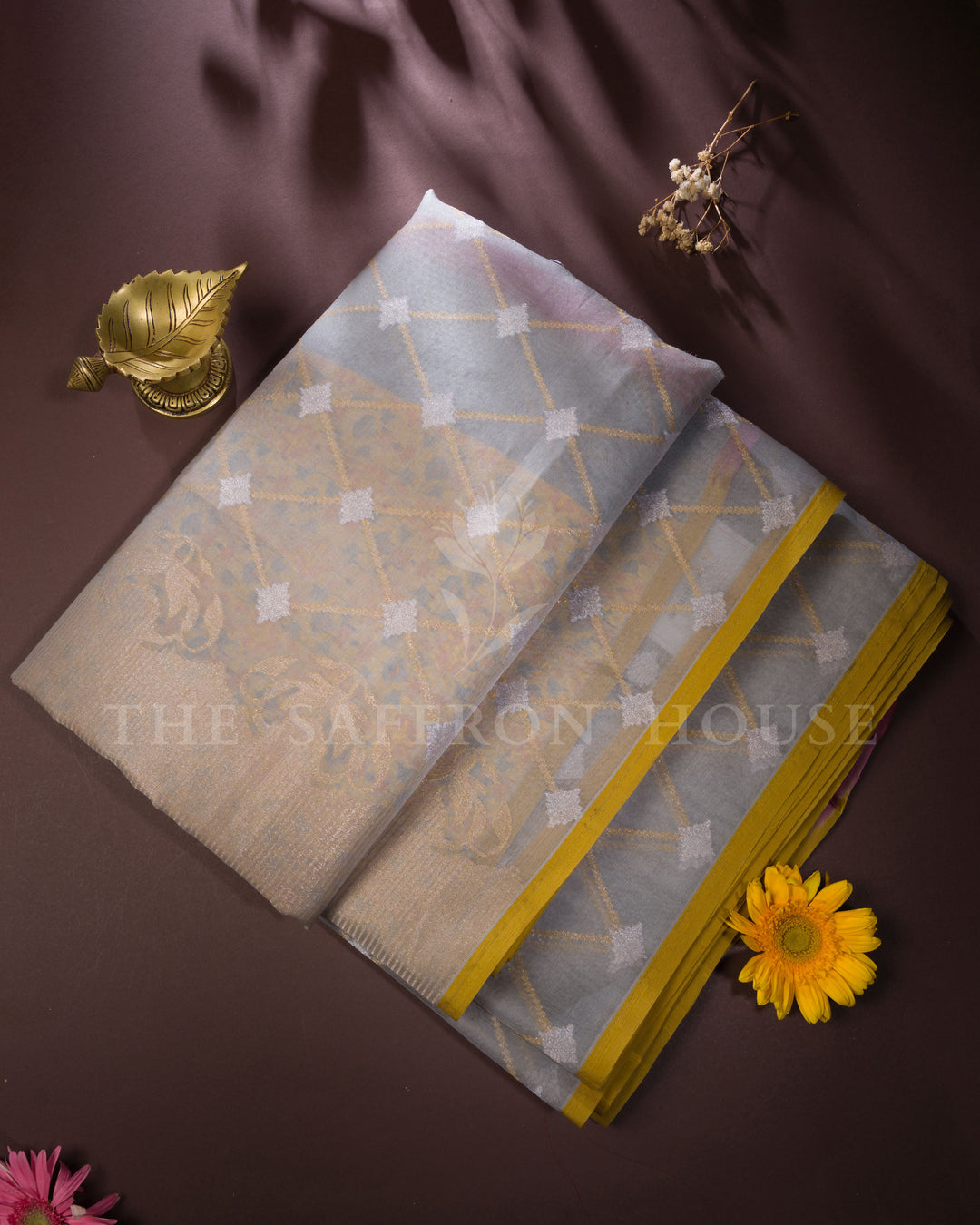 Slate Grey And Peach Kora Banarasi Silk Saree – The Saffron House