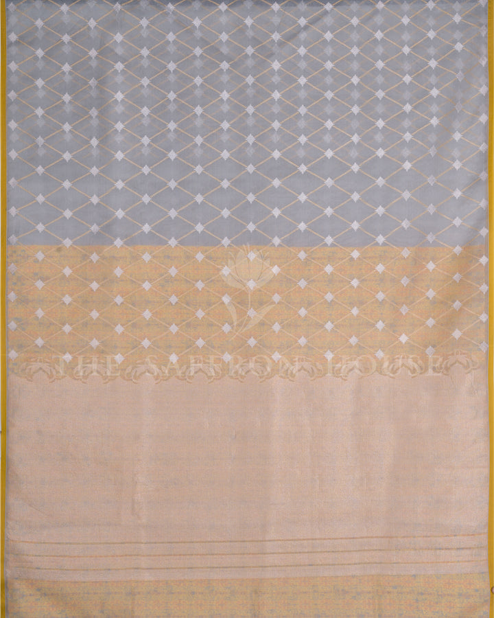 Slate Grey And Peach Kora Banarasi Silk Saree – The Saffron House