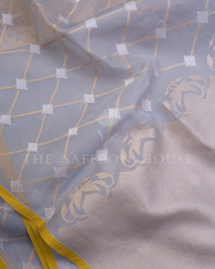 Slate Grey And Peach Kora Banarasi Silk Saree – The Saffron House
