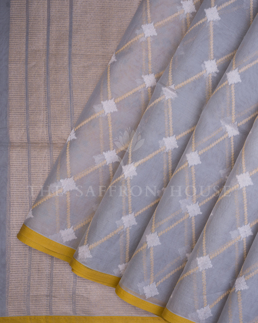 Slate Grey And Peach Kora Banarasi Silk Saree – The Saffron House