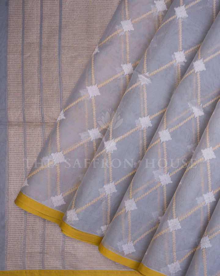 Slate Grey And Peach Kora Banarasi Silk Saree – The Saffron House
