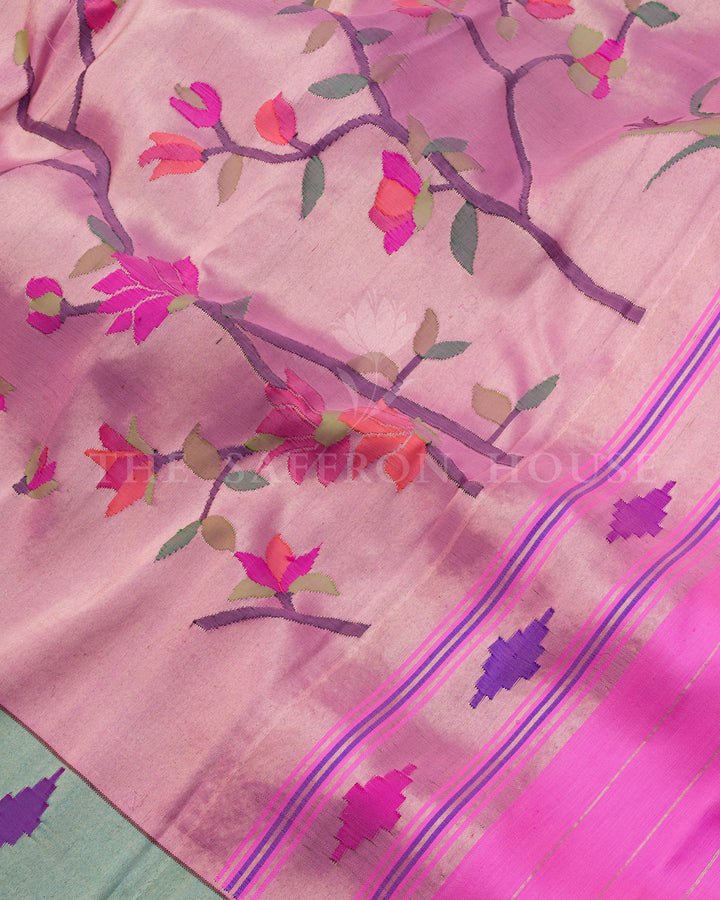 Rose Pink Handwoven Paithani Saree – The Saffron House