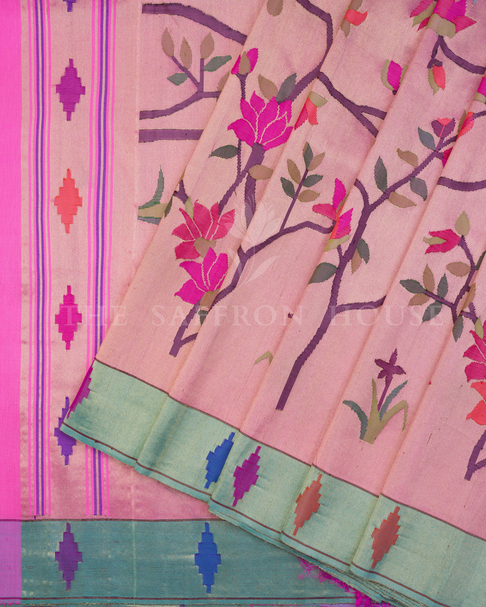 Rose Pink Handwoven Paithani Saree – The Saffron House