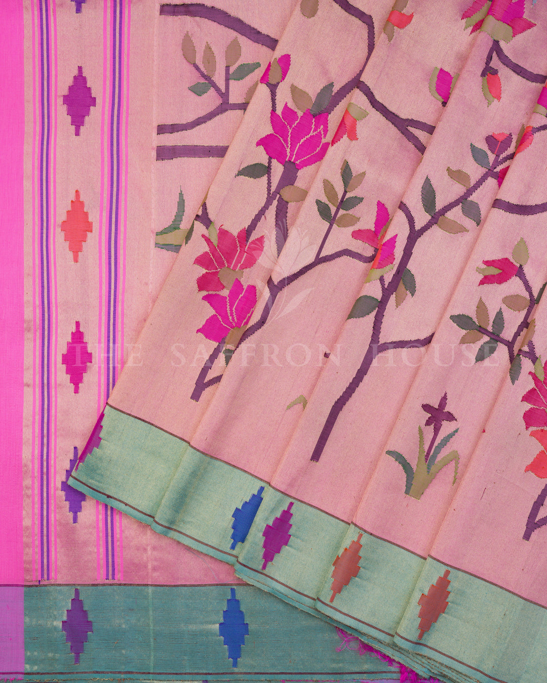 Rose Pink Handwoven Paithani Saree – The Saffron House