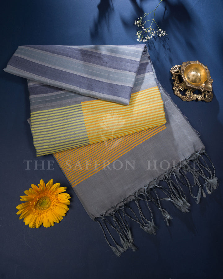 Slate Grey And Yellow Eri Silk Saree – The Saffron House
