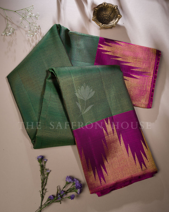 Bottle Green And Purple Kanjivaram Silk Saree – The Saffron House
