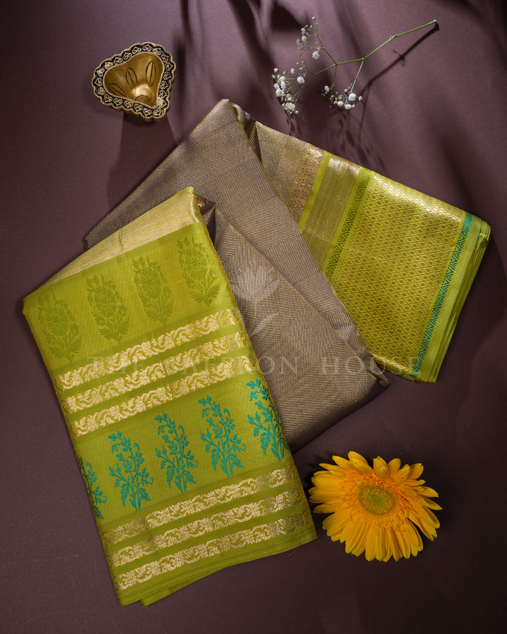 Leaf Green And Warm Brown Kanjivaram Silk Saree – The Saffron House