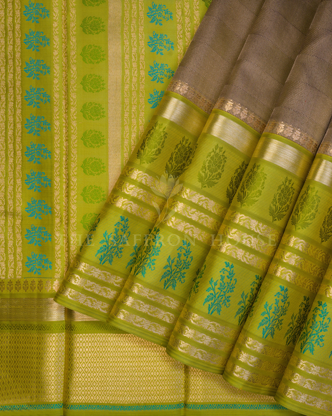 Leaf Green And Warm Brown Kanjivaram Silk Saree – The Saffron House