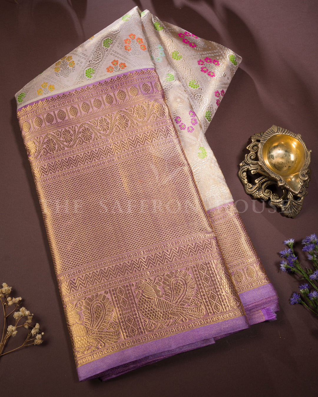 Antique Gold And Lavender Kanjivaram Silk Saree – The Saffron House
