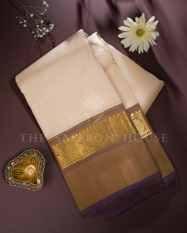 Ivory And Sand Beige Korvai Kanjivaram Silk Saree – The Saffron House
